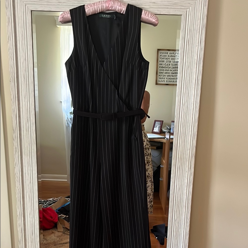 Lauren Ralph Lauren Black Pinstripe Sleeveless Jumpsuit With Belt